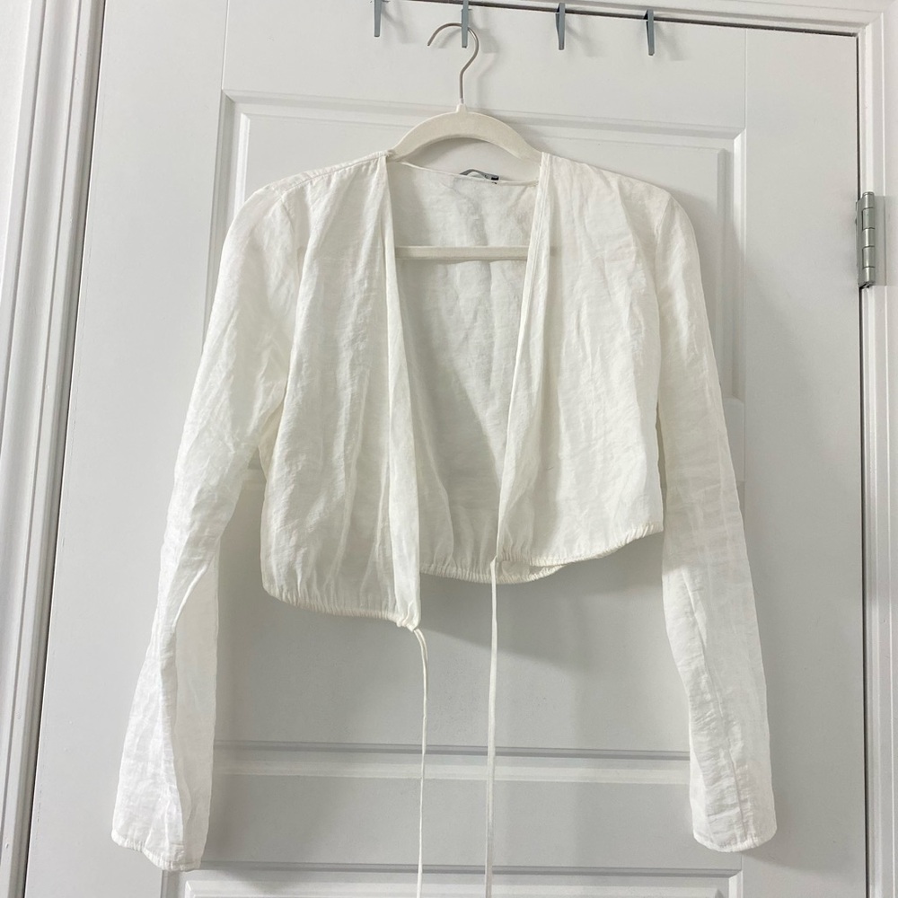 zara white wrap tie long sleeve linen top